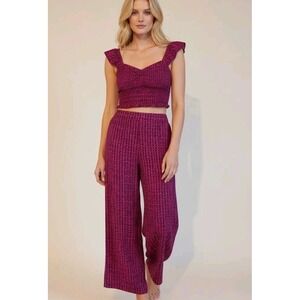 Luxury Set Magenta Purple Wide Leg Pants & Crop Top Smocked Ruffle 2XL3XL Resort
